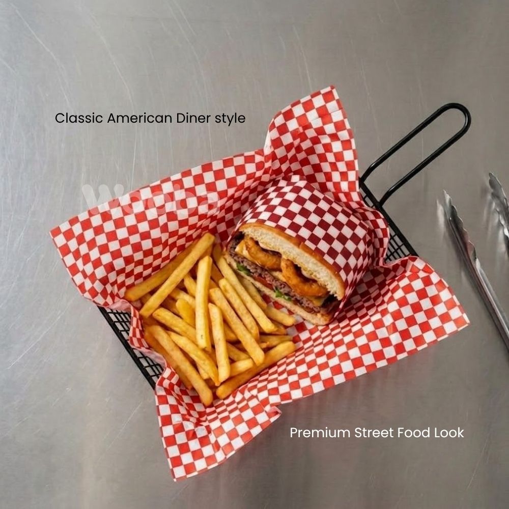 4 burger fries basket red checkered food liner paper