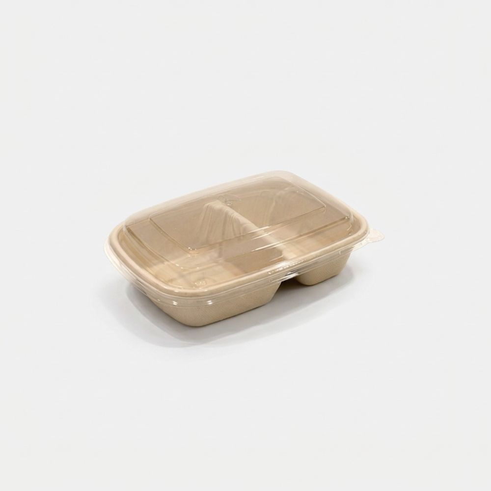 Sugarcane 2-compartment food container with PET lid wholesale supplier KL