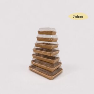 Seven sizes of kraft paper food trays with clear PET lids for sushi, pastries, cut fruit and takeaway food